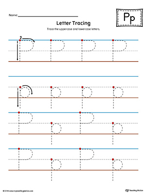 Trace the uppercase and lowercase letter P in this printable worksheet with red and blue guiding lines.