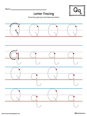 Trace the uppercase and lowercase letter Q in this printable worksheet with red and blue guiding lines.