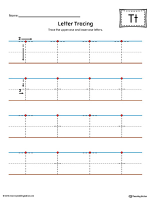 Letter T Tracing Printable Worksheet (Color)