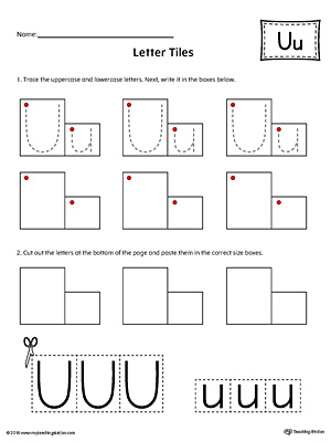 Practice tracing and then writing the uppercase and lowercase letter U with this kindergarten printable worksheet.