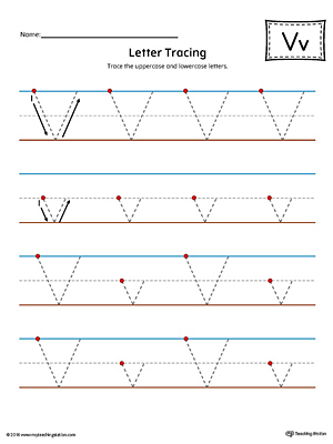 Trace the uppercase and lowercase letter V in this printable worksheet with red and blue guiding lines.