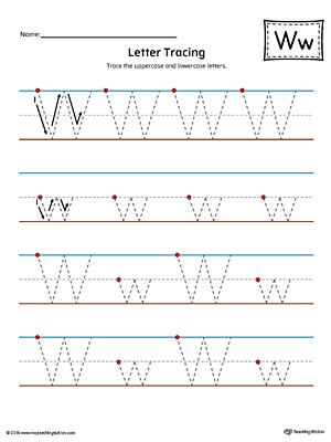 Trace the uppercase and lowercase letter W in this printable worksheet with red and blue guiding lines.