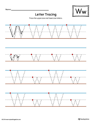 Letter W Tracing Printable Worksheet (Color)