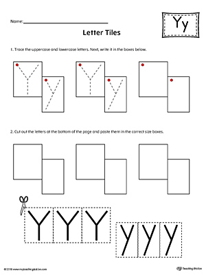 Practice tracing and then writing the uppercase and lowercase letter Y with this kindergarten printable worksheet.