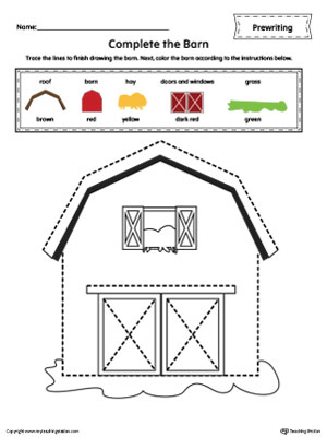 Barn Line Tracing Prewriting Worksheet in Color