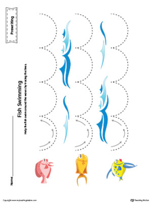 Fish Curved Line Tracing Prewriting Worksheet in Color