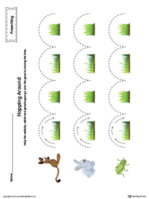 Hopping Curved Line Tracing Prewriting Worksheet in Color