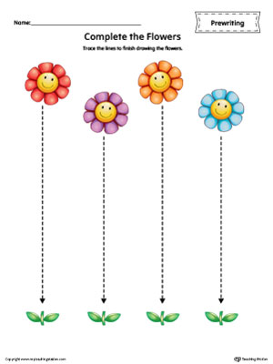 free straight line tracing prewriting flower worksheet in color myteachingstation com