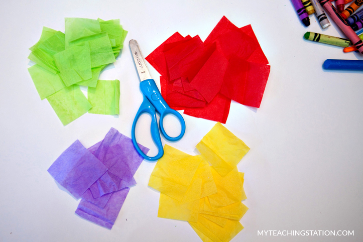 Cut out several squares of each tissue paper.