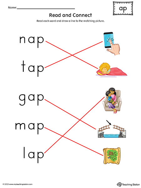 AP Word Family CVC Read and Connect to Image Worksheet Answer Key (Color)