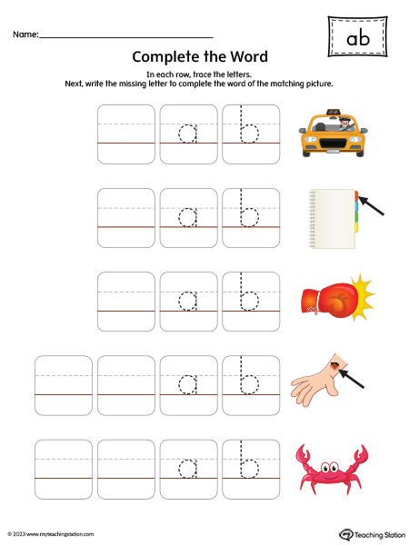 AB Word Family: Complete the Words Printable Activity