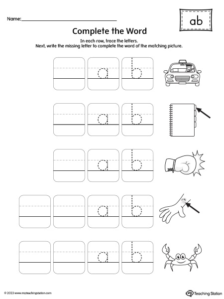 AB Word Family: Complete the Words Worksheet