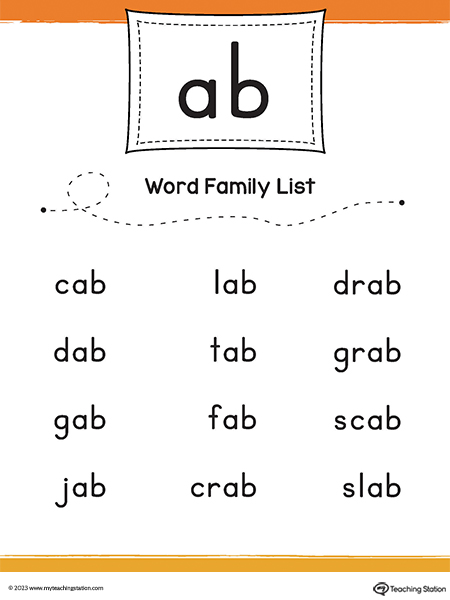 AB Word Family List Printable PDF