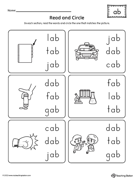 AB Word Family Match Picture to Words Worksheet