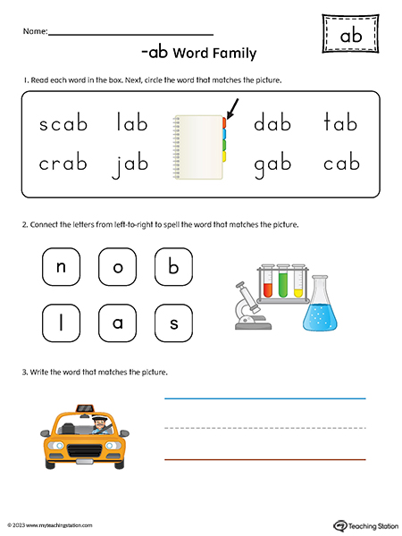AB Word Family Match and Spell Printable PDF