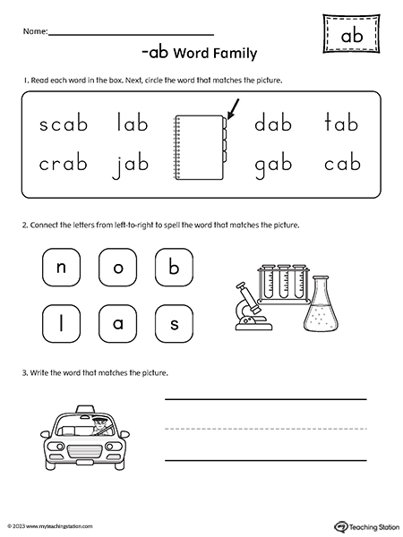 AB Word Family Match and Spell Worksheet