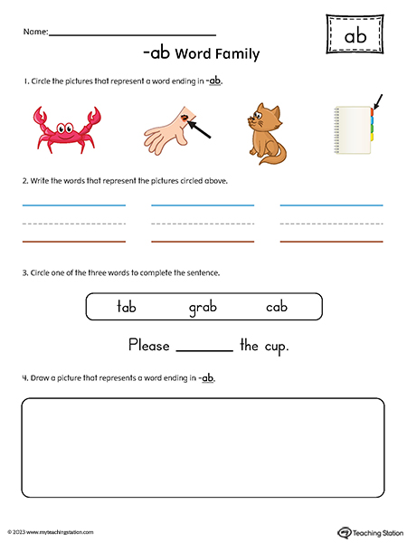 AB Word Family Picture and Word Match Printable PDF