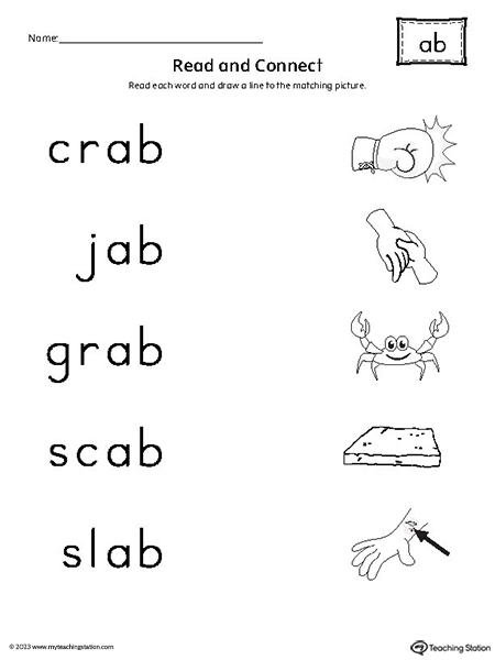 AB Word Family Read and Match Words to Pictures Worksheet
