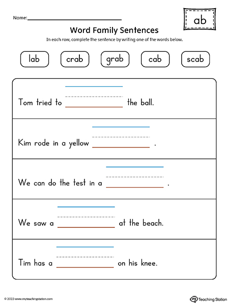 AB Word Family Sentences Printable PDF