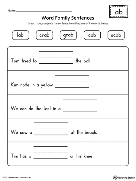 AB Word Family Sentences Worksheet