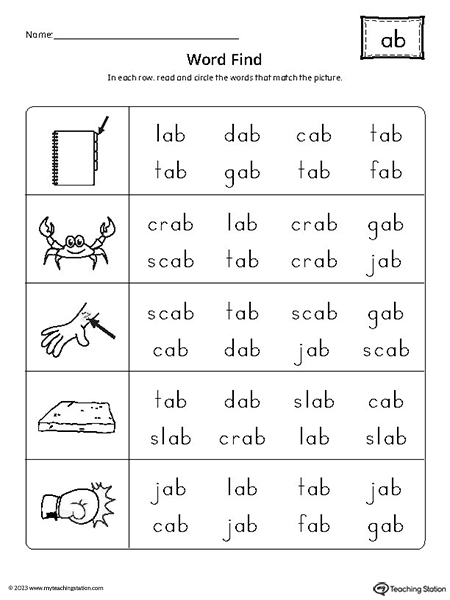 AB Word Family Word Find Worksheet