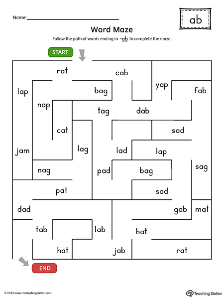 AB Word Family Word Maze Printable PDF