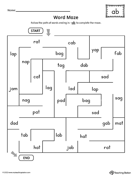 AB Word Family Word Maze Worksheet