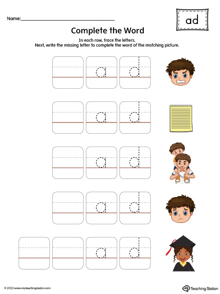 AD Word Family: Complete the Words Printable Activity