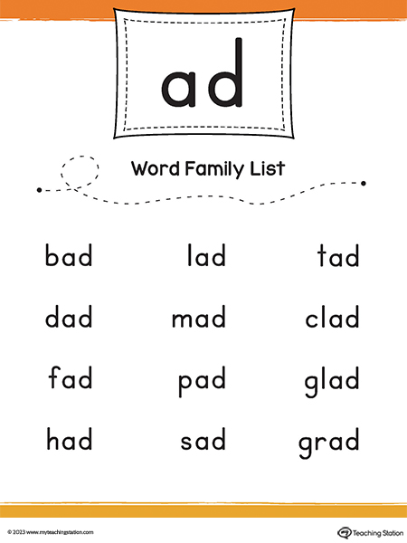 AD Word Family List Printable PDF