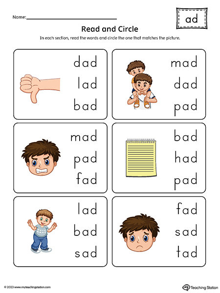 AD Word Family Match Picture to Words Printable PDF