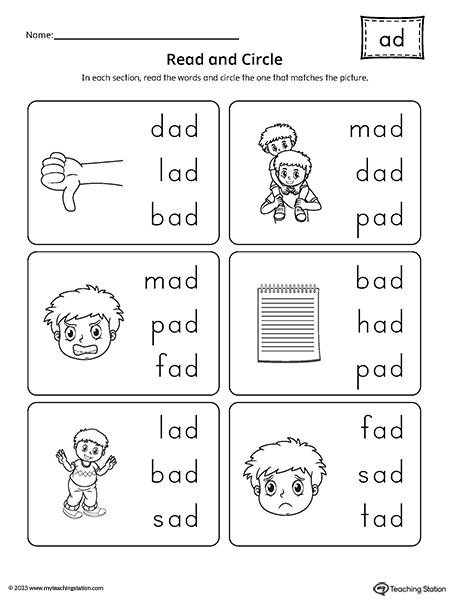 AD Word Family Match Picture to Words Worksheet