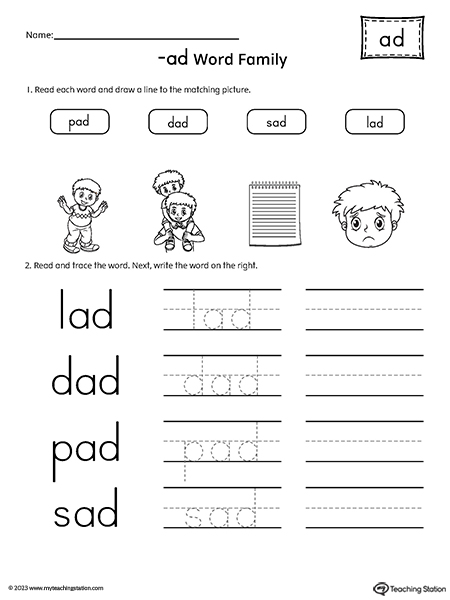 AD Word Family Match Pictures and Write Simple Words Worksheet