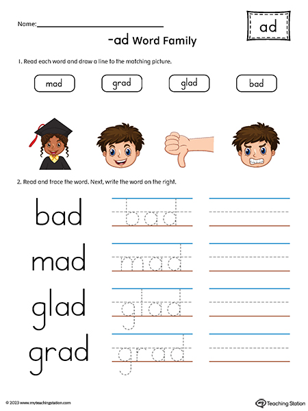AD Word Family Match and Spell Words Printable PDF