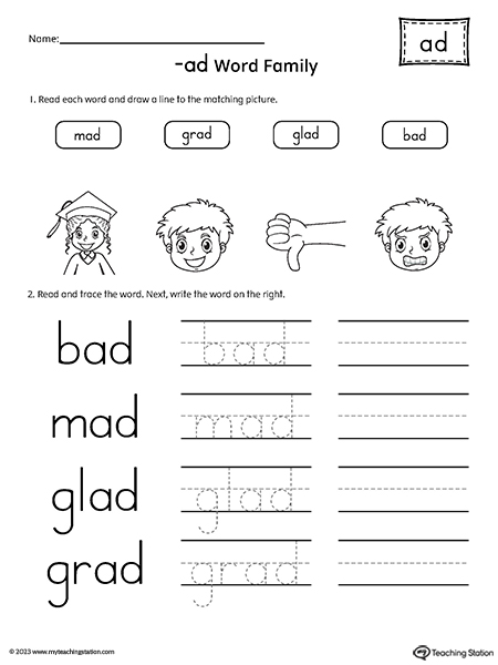AD Word Family Match and Spell Words Worksheet