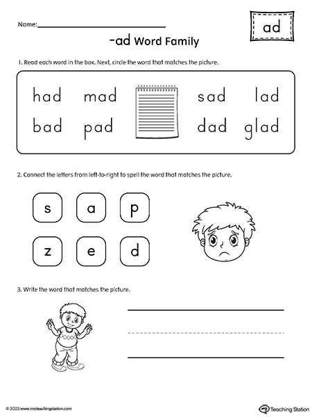 AD Word Family Match and Spell Worksheet