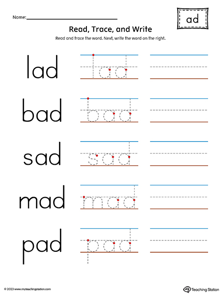 AD Word Family - Read, Trace, and Spell Printable PDF