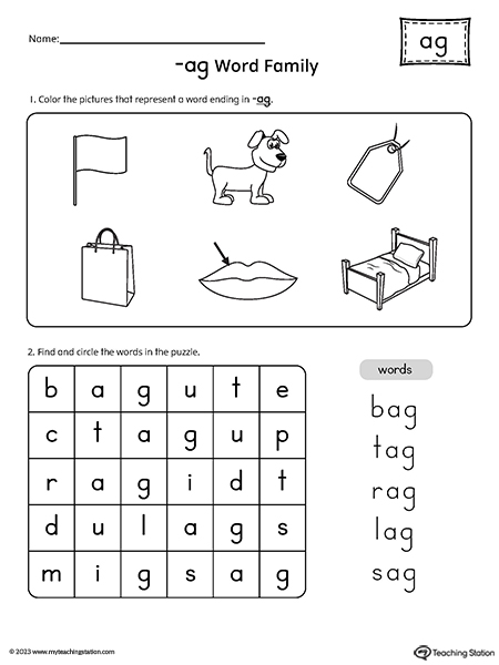 AG Word Family CVC Picture Puzzle Worksheet