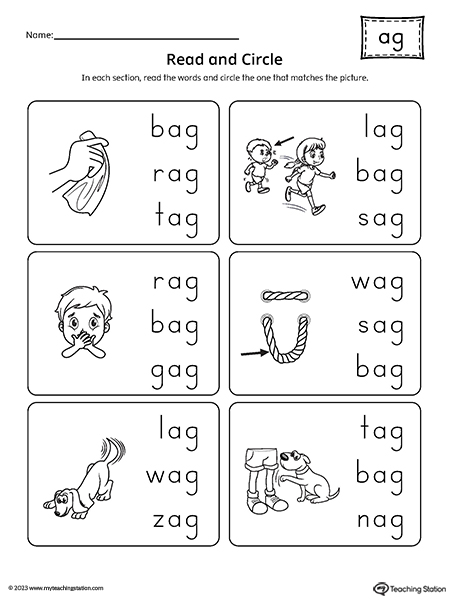AG Word Family Match Picture to Words Worksheet