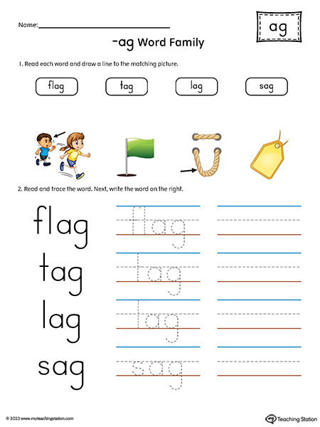 AG Word Family Match Pictures and Write Simple Words Printable PDF