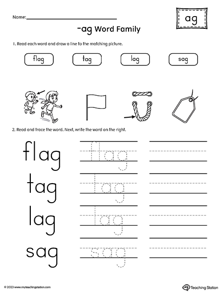 AG Word Family Match Pictures and Write Simple Words Worksheet
