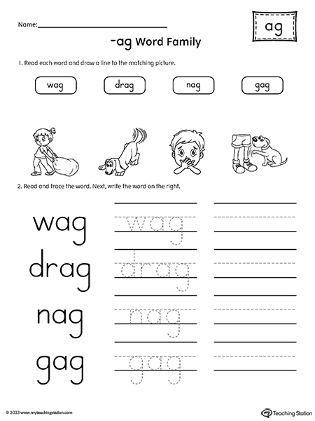 AG Word Family Match and Spell Words Worksheet