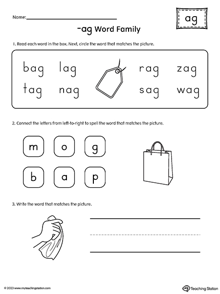 AG Word Family Match and Spell Worksheet