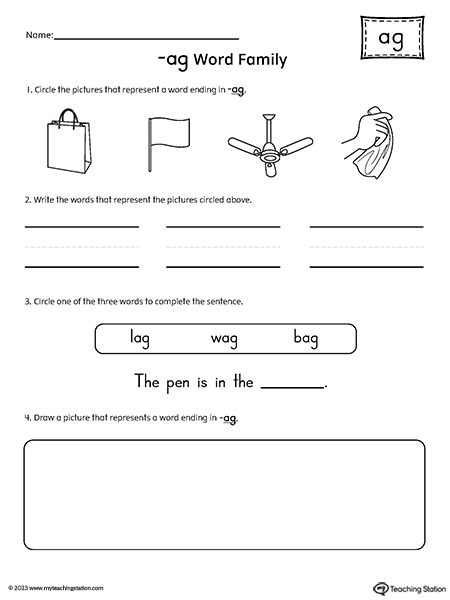 AG Word Family Picture and Word Match Worksheet