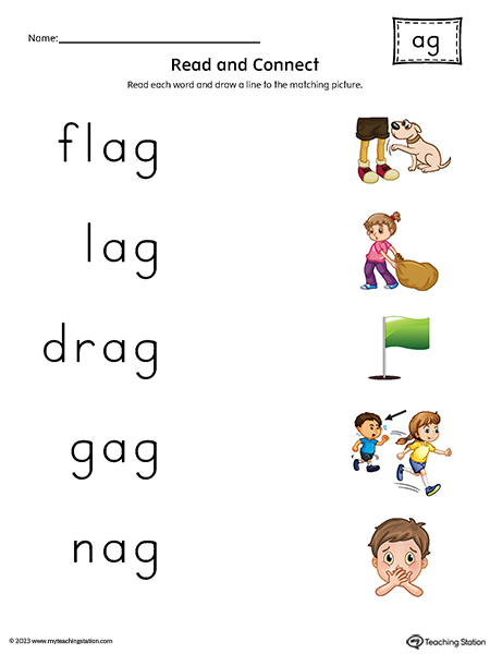 AG Word Family Read and Match Words to Pictures Printable PDF