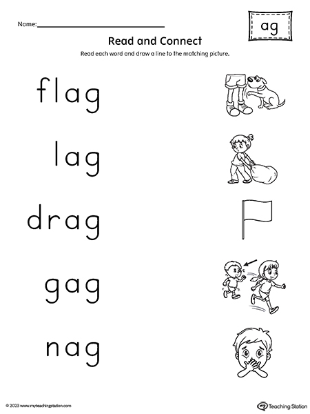AG Word Family Read and Match Words to Pictures Worksheet