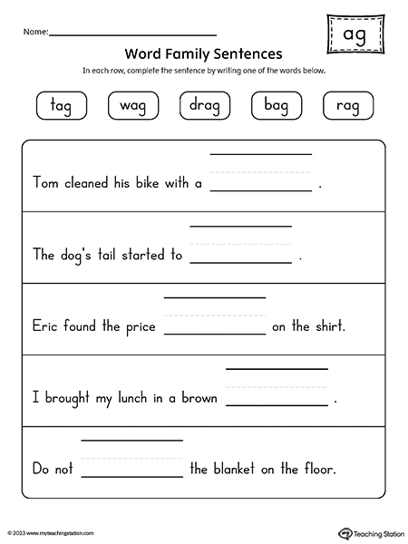 AG Word Family Sentences Worksheet