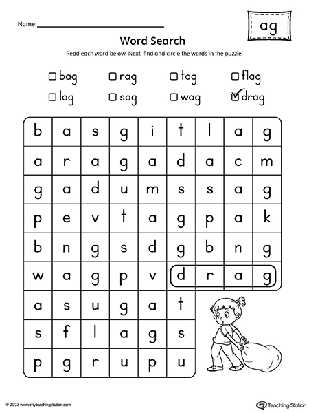 AG Word Family Word Search Worksheet