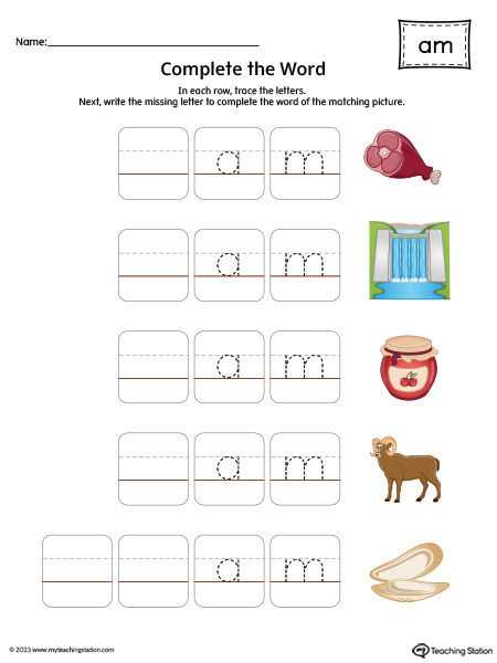 AM Word Family: Complete the Words Printable Activity