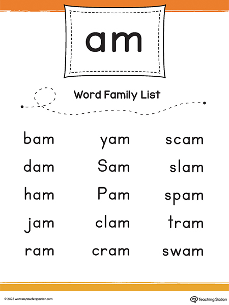 AM Word Family List Printable PDF