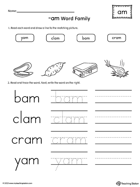 AM Word Family Match Pictures and Write Simple Words Worksheet